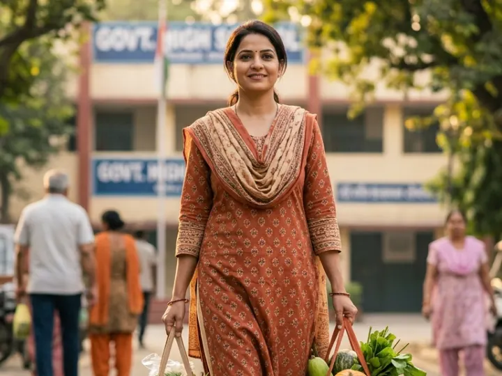 A woman walking home from the market with bags of vegetables