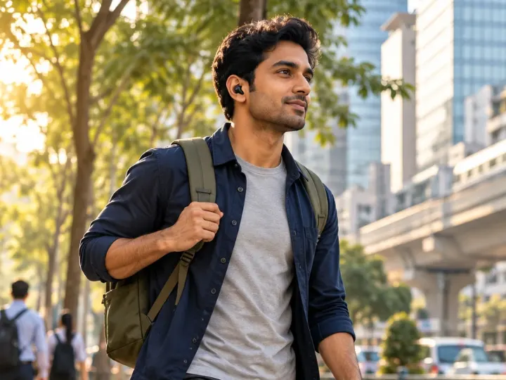 A young man walking to work with his backpack